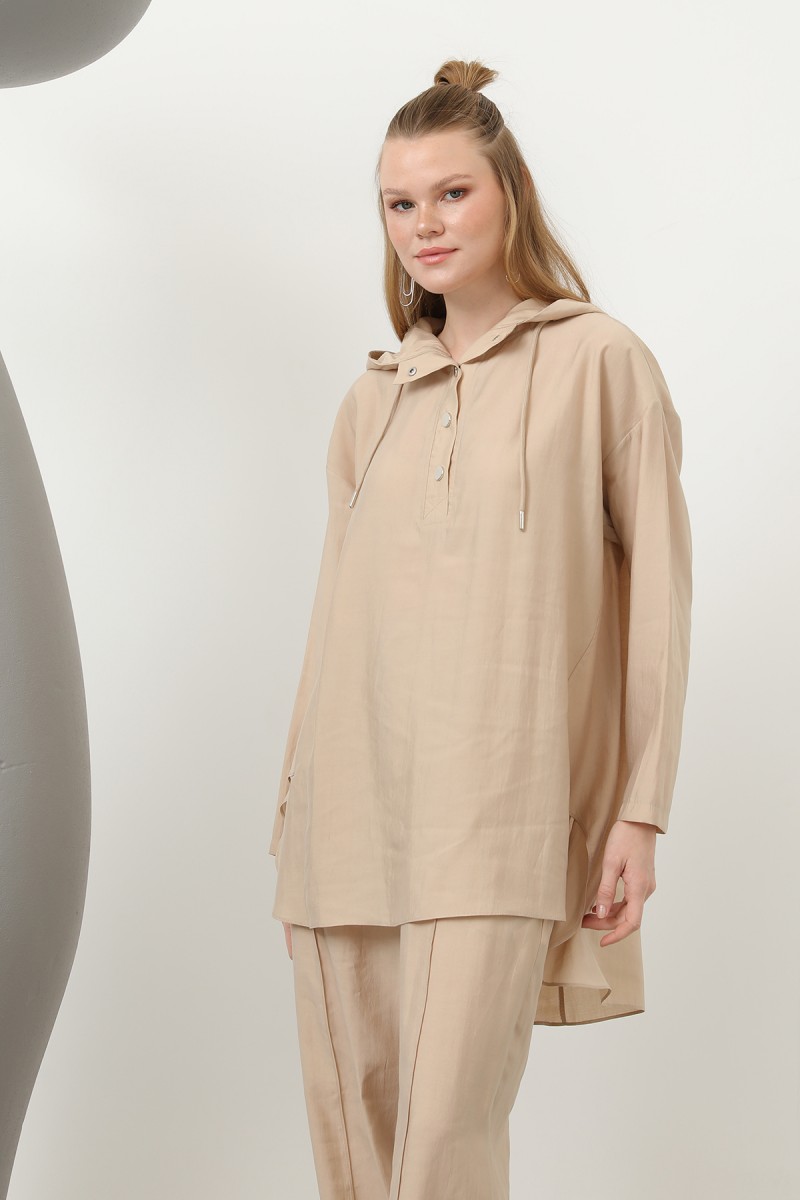Women's Snap and Cord Detailed Hooded Trouser Set - 20609TKS