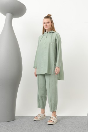 Women's Snap and Cord Detailed Hooded Trouser Set - 20609TKS