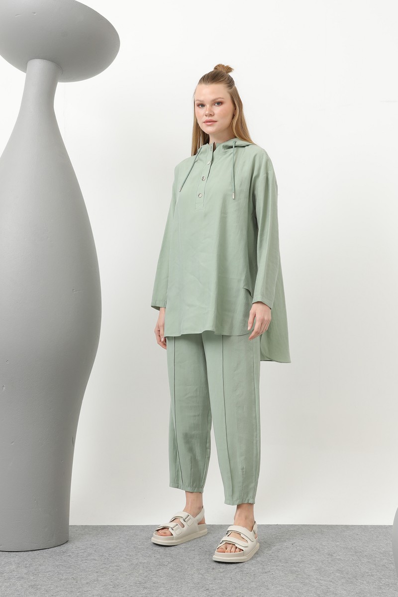Women's Snap and Cord Detailed Hooded Trouser Set - 20609TKS