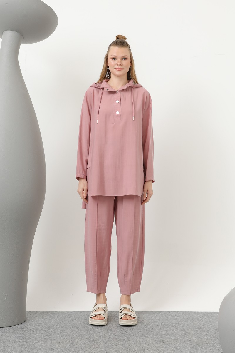Women's Snap and Cord Detailed Hooded Trouser Set - 20609TKS Women's Snap and Cord Detailed Hooded Trouser Set - 20609TKS