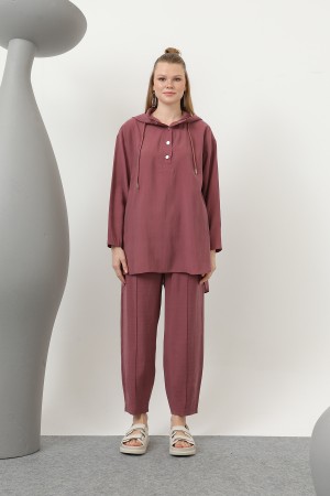 Women's Snap and Cord Detailed Hooded Trouser Set - 20609TKS Women's Snap and Cord Detailed Hooded Trouser Set - 20609TKS