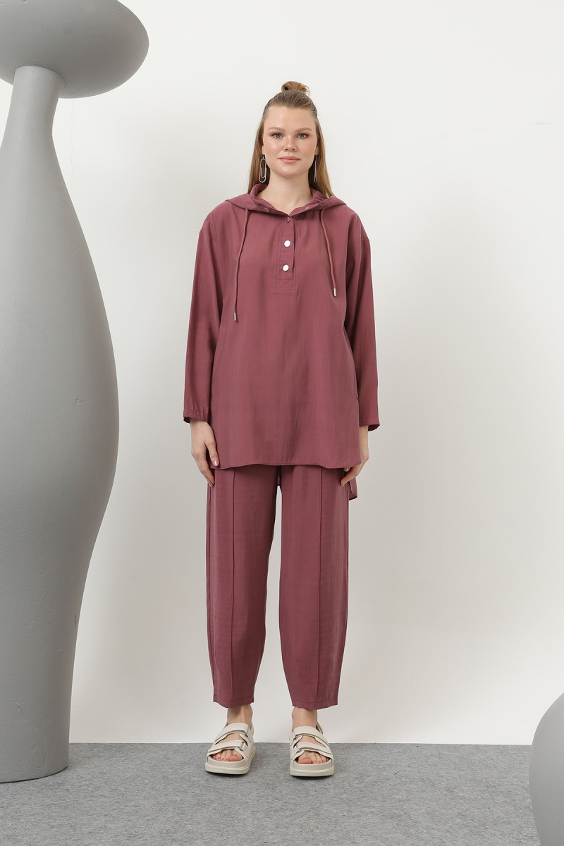 Women's Snap and Cord Detailed Hooded Trouser Set - 20609TKS Women's Snap and Cord Detailed Hooded Trouser Set - 20609TKS