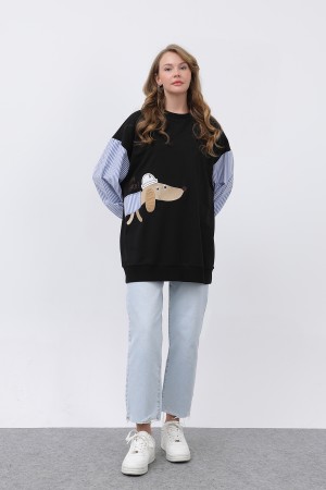 Kadın Şapkalı Köpek Nakışlı Garnili Sweatshirt - 20632SWT Kadın Şapkalı Köpek Nakışlı Garnili Sweatshirt - 20632SWT