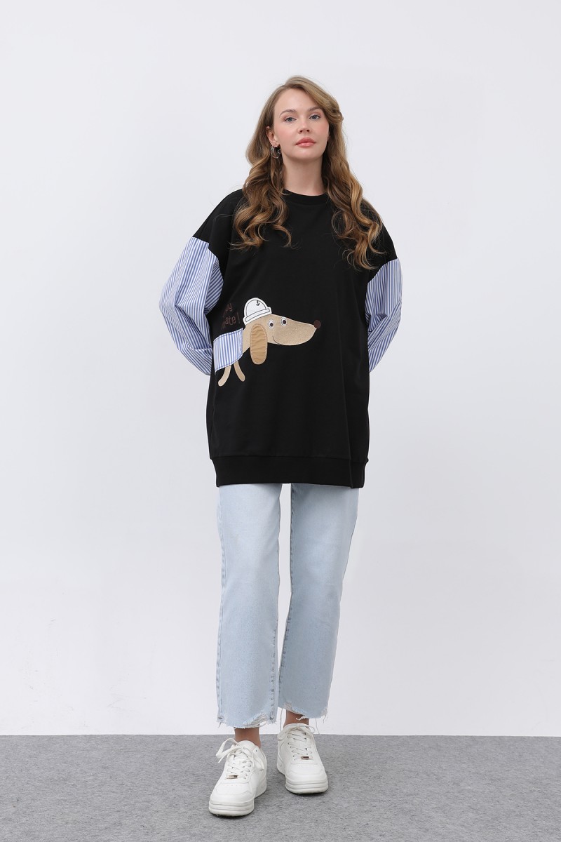 Kadın Şapkalı Köpek Nakışlı Garnili Sweatshirt - 20632SWT Kadın Şapkalı Köpek Nakışlı Garnili Sweatshirt - 20632SWT