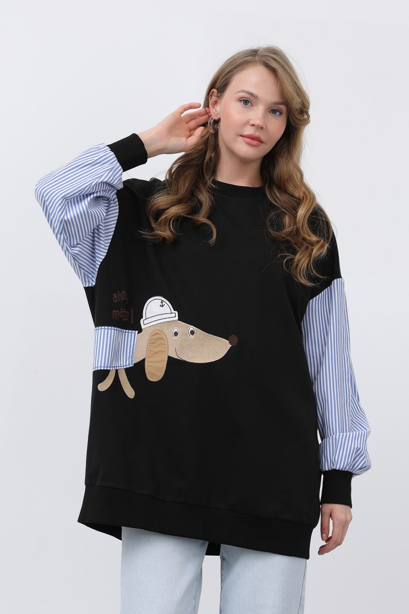 Kadın Şapkalı Köpek Nakışlı Garnili Sweatshirt - 20632SWT Kadın Şapkalı Köpek Nakışlı Garnili Sweatshirt - 20632SWT