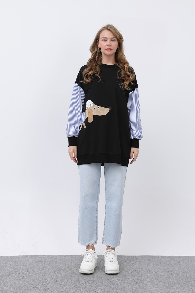 Kadın Şapkalı Köpek Nakışlı Garnili Sweatshirt - 20632SWT Kadın Şapkalı Köpek Nakışlı Garnili Sweatshirt - 20632SWT
