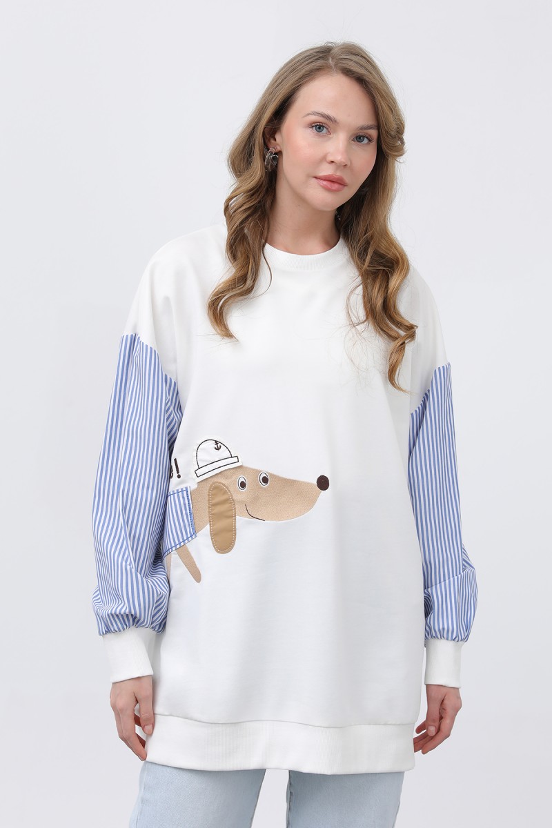 Kadın Şapkalı Köpek Nakışlı Garnili Sweatshirt - 20632SWT Kadın Şapkalı Köpek Nakışlı Garnili Sweatshirt - 20632SWT