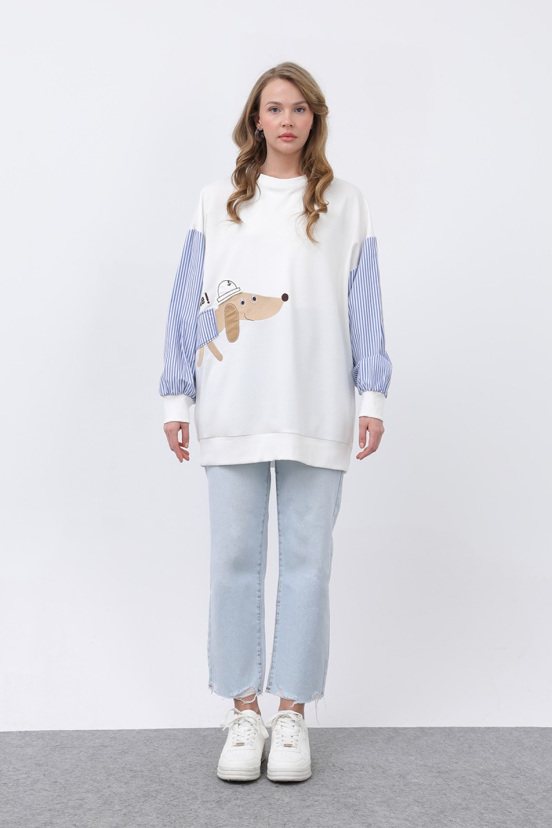 Kadın Şapkalı Köpek Nakışlı Garnili Sweatshirt - 20632SWT Kadın Şapkalı Köpek Nakışlı Garnili Sweatshirt - 20632SWT