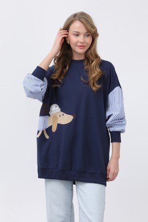 Kadın Şapkalı Köpek Nakışlı Garnili Sweatshirt - 20632SWT Kadın Şapkalı Köpek Nakışlı Garnili Sweatshirt - 20632SWT