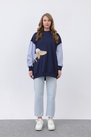 Kadın Şapkalı Köpek Nakışlı Garnili Sweatshirt - 20632SWT Kadın Şapkalı Köpek Nakışlı Garnili Sweatshirt - 20632SWT