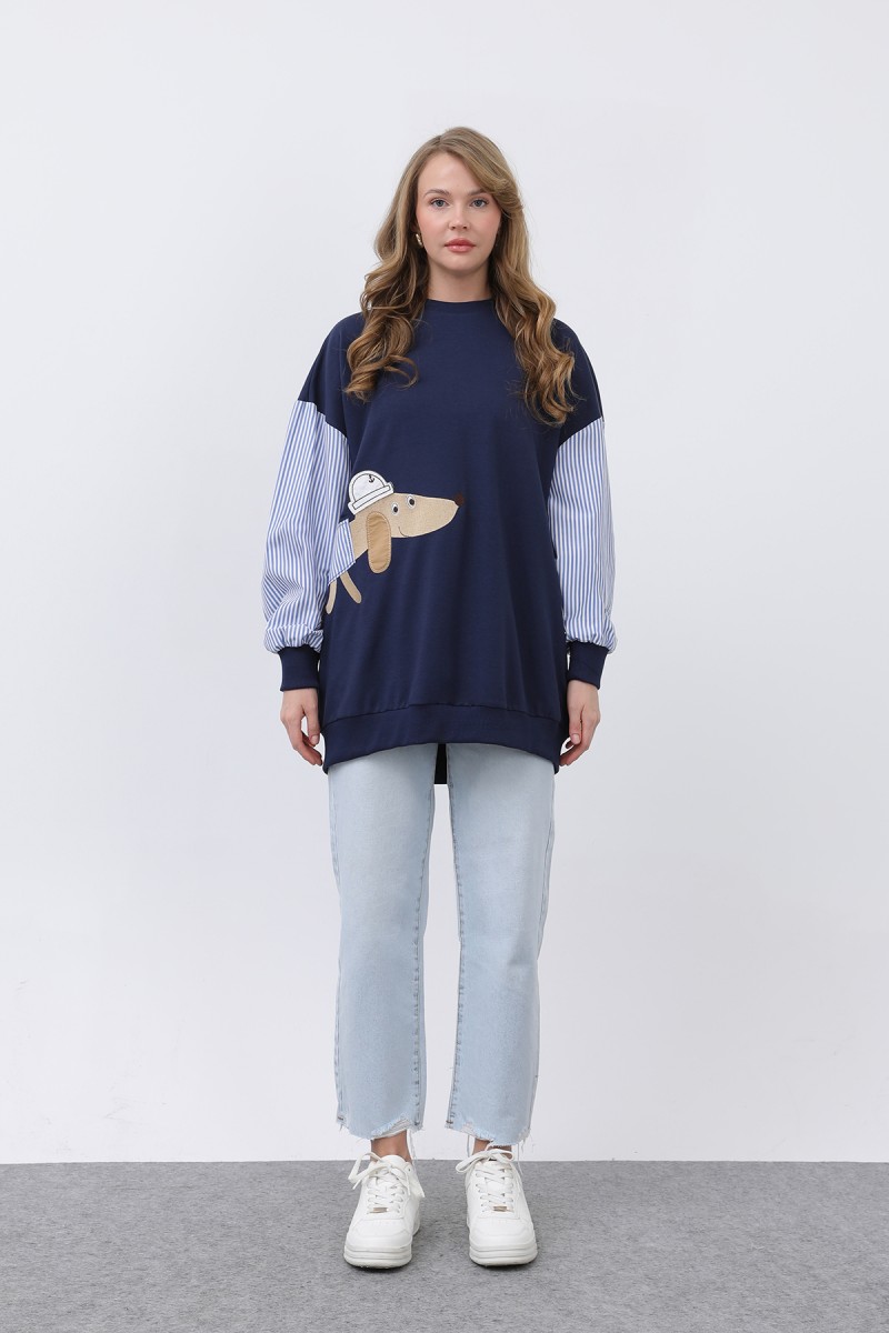 Kadın Şapkalı Köpek Nakışlı Garnili Sweatshirt - 20632SWT Kadın Şapkalı Köpek Nakışlı Garnili Sweatshirt - 20632SWT