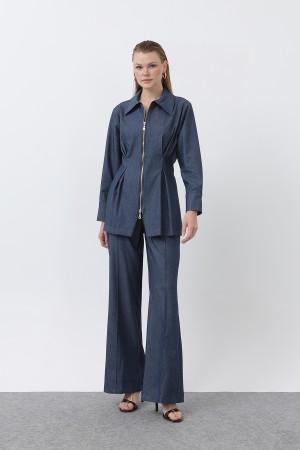 Women's Gold Zipper Detail Waist Pleated Shirt and Trouser Set -20651TKS