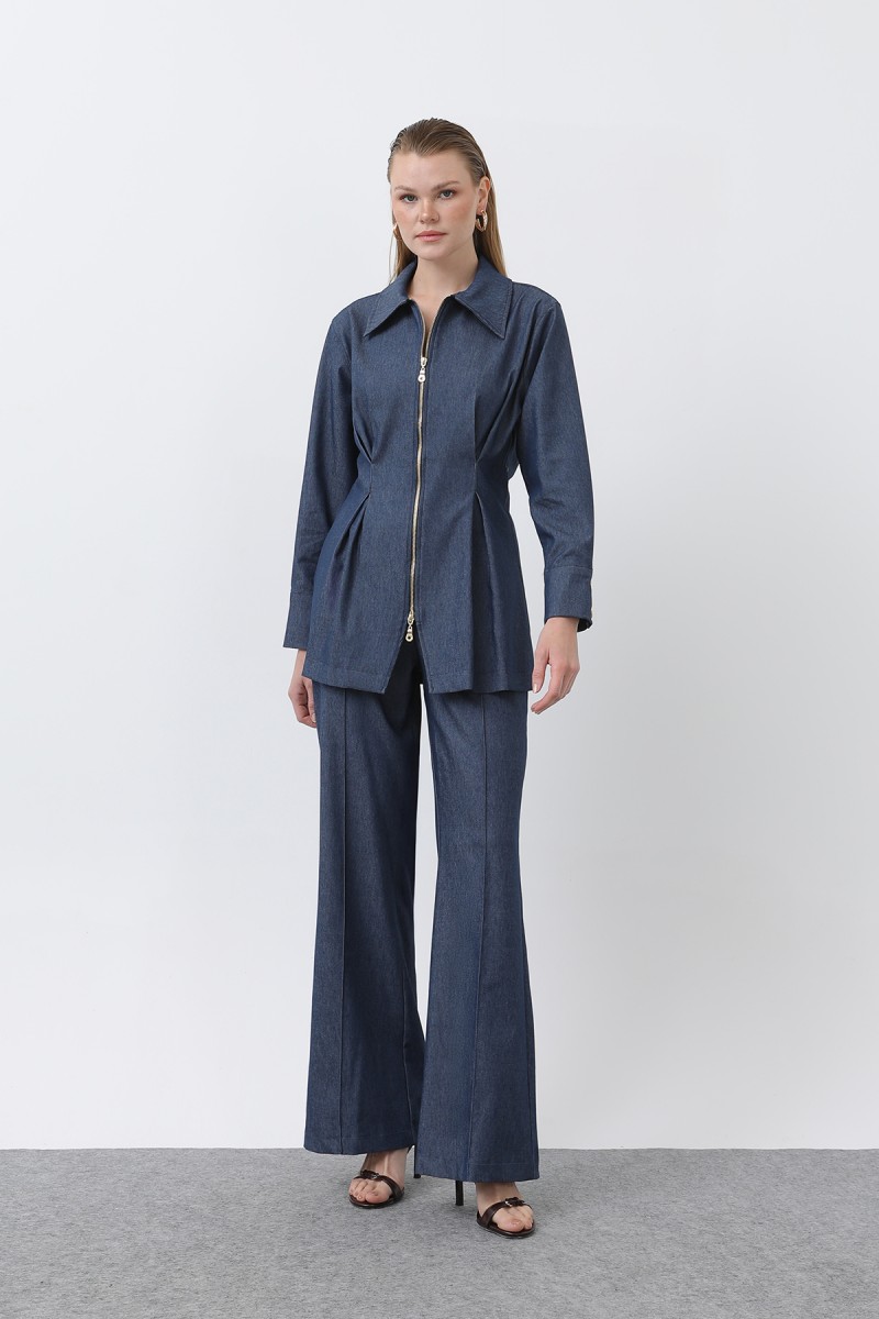 Women's Gold Zipper Detail Waist Pleated Shirt and Trouser Set -20651TKS