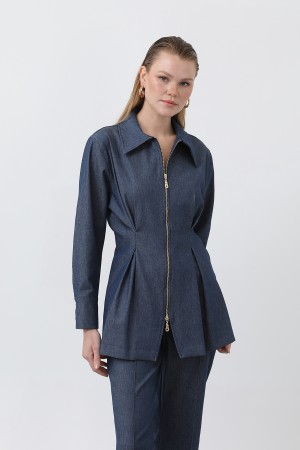 Women's Gold Zipper Detail Waist Pleated Shirt and Trouser Set -20651TKS