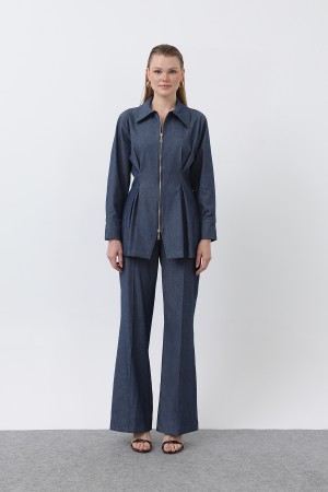 Women's Gold Zipper Detail Waist Pleated Shirt and Trouser Set -20651TKS