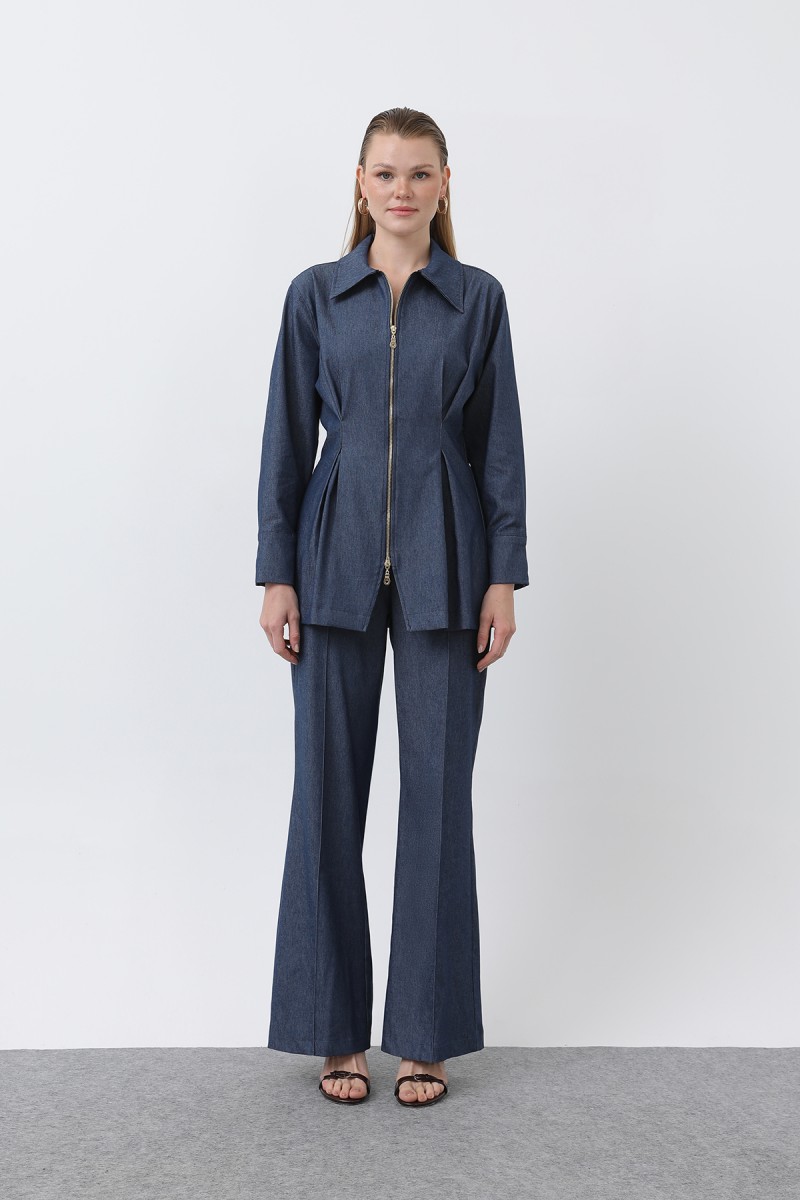 Women's Gold Zipper Detail Waist Pleated Shirt and Trouser Set -20651TKS