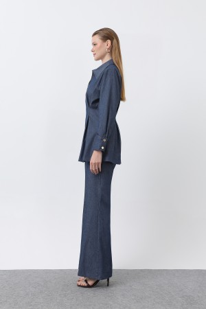 Women's Gold Zipper Detail Waist Pleated Shirt and Trouser Set -20651TKS