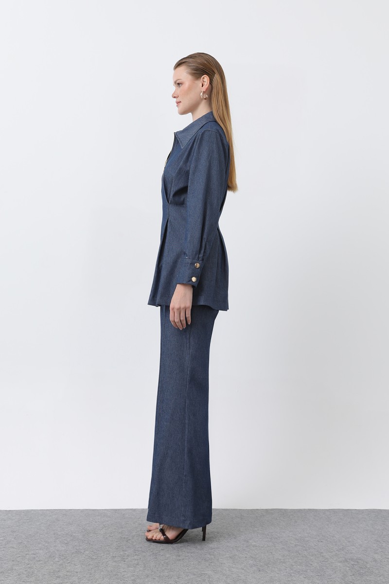 Women's Gold Zipper Detail Waist Pleated Shirt and Trouser Set -20651TKS