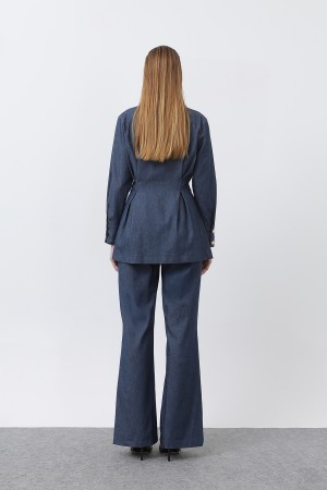Women's Gold Zipper Detail Waist Pleated Shirt and Trouser Set -20651TKS