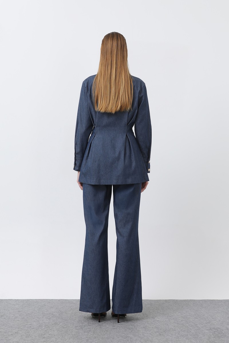 Women's Gold Zipper Detail Waist Pleated Shirt and Trouser Set -20651TKS
