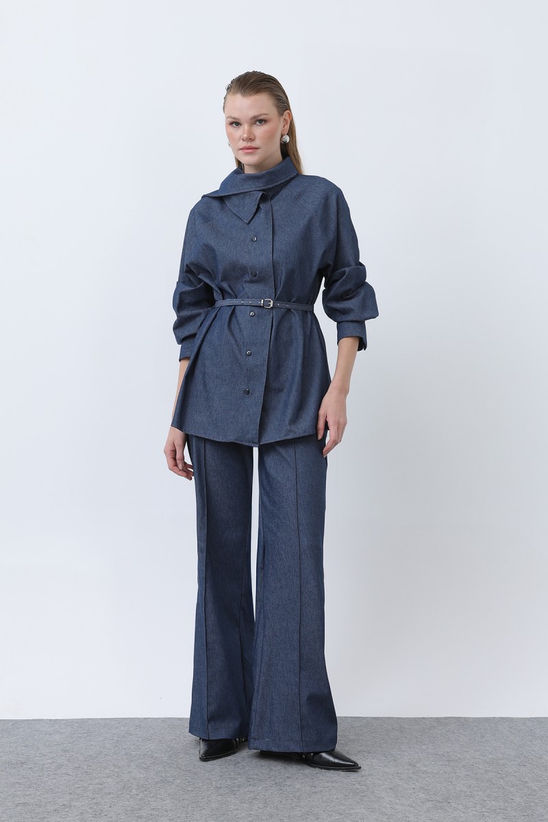 Women's Double Breasted Belt Detailed Denim Trouser Suit - 20652TKS