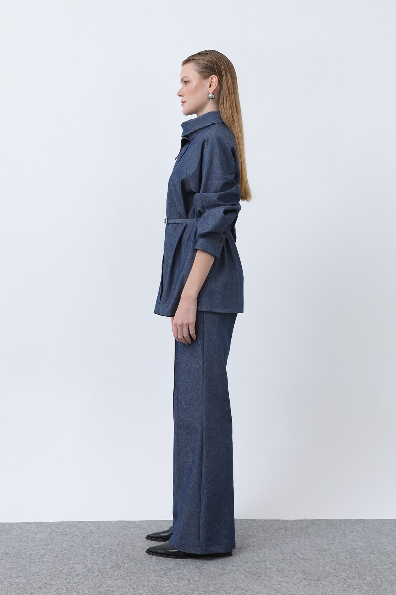 Women's Double Breasted Belt Detailed Denim Trouser Suit - 20652TKS
