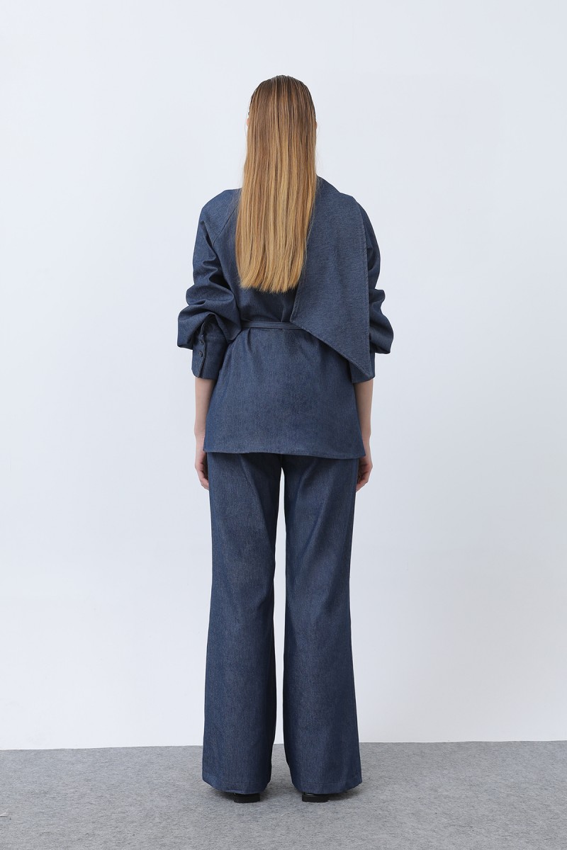 Women's Double Breasted Belt Detailed Denim Trouser Suit - 20652TKS