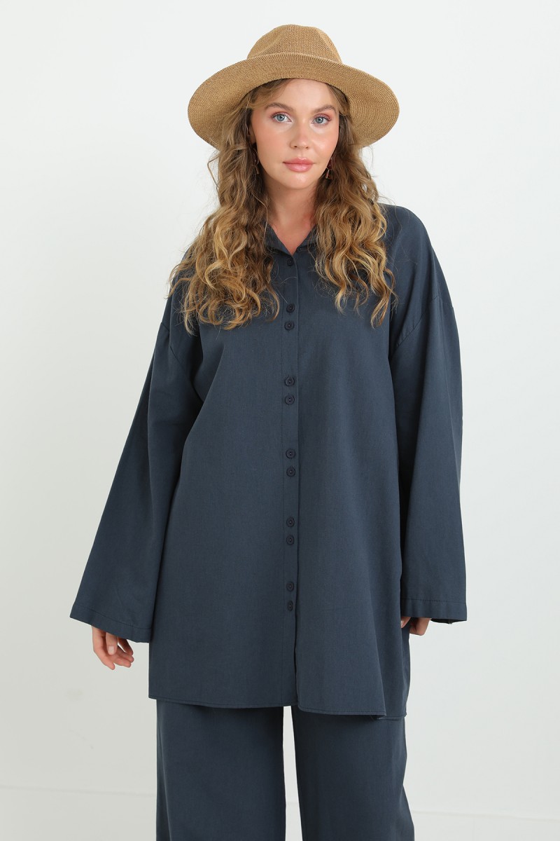 Kadın Düğme Detaylı Oversize Gömlekli Takım-20694TKS