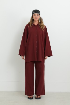 Kadın Düğme Detaylı Oversize Gömlekli Takım-20694TKS