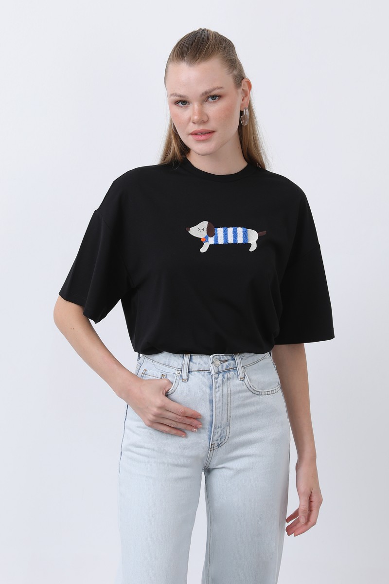 Kadın Köpek Nakışlı Basic Tshirt -32255TSH Kadın Köpek Nakışlı Basic Tshirt -32255TSH