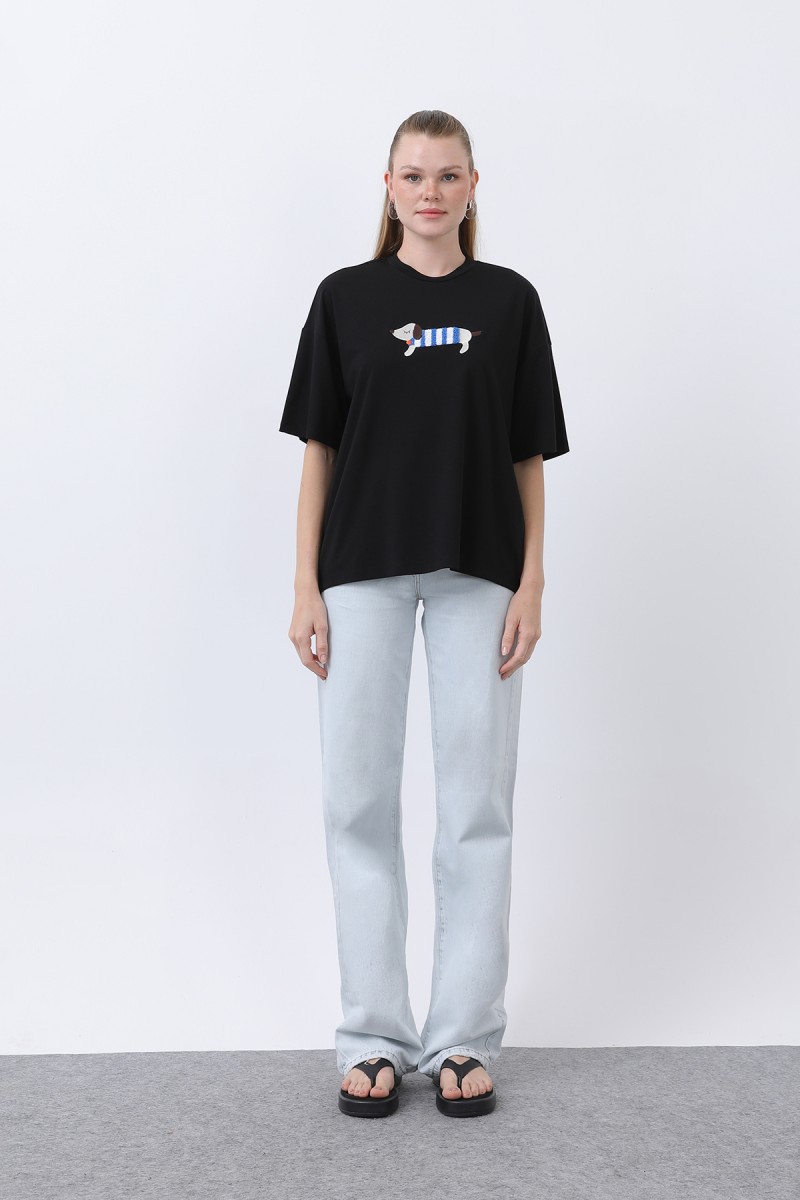Kadın Köpek Nakışlı Basic Tshirt -32255TSH Kadın Köpek Nakışlı Basic Tshirt -32255TSH