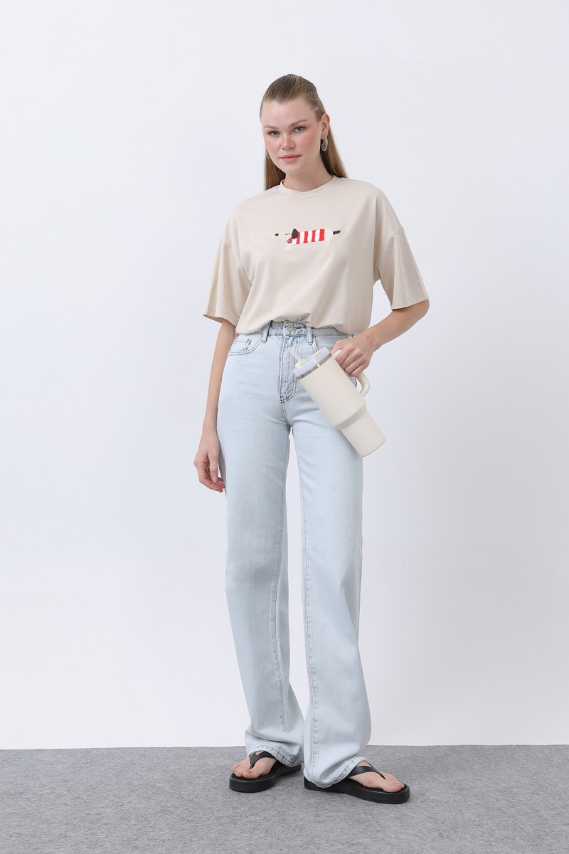Kadın Köpek Nakışlı Basic Tshirt -32255TSH Kadın Köpek Nakışlı Basic Tshirt -32255TSH