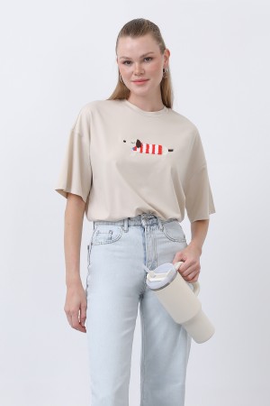 Kadın Köpek Nakışlı Basic Tshirt -32255TSH Kadın Köpek Nakışlı Basic Tshirt -32255TSH